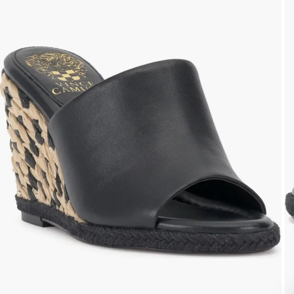 NWT Vince Camuto Fayla Black Leather Wedge Mule Slide Rafia Wedge Size 9.5 - Picture 1 of 7